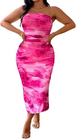 LIGHT DOT Women's Plus Size Strapless Tube Dress Curve Bodycon Wedding Guest Dress Tie Dye Mesh in Saudi Arabia