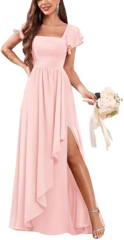 Square Neck Bridesmaid Dresses for Women Ruffle Sleeves 2024 Chiffon A Line Wedding Formal Party Dress with Slit Blush Pink in Saudi Arabia