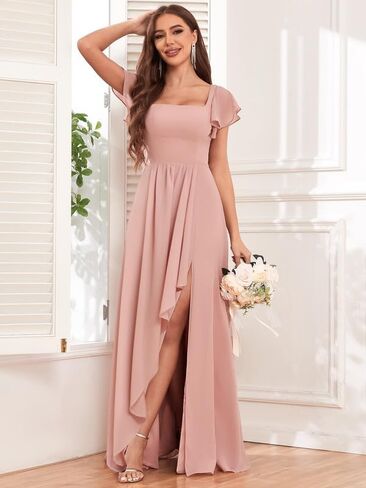 Square Neck Bridesmaid Dresses for Women Ruffle Sleeves 2024 Chiffon A Line Wedding Formal Party Dress with Slit Blush Pink in Saudi Arabia