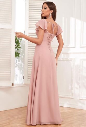 Square Neck Bridesmaid Dresses for Women Ruffle Sleeves 2024 Chiffon A Line Wedding Formal Party Dress with Slit Blush Pink in Saudi Arabia