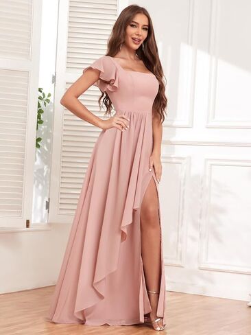 Square Neck Bridesmaid Dresses for Women Ruffle Sleeves 2024 Chiffon A Line Wedding Formal Party Dress with Slit Blush Pink in Saudi Arabia