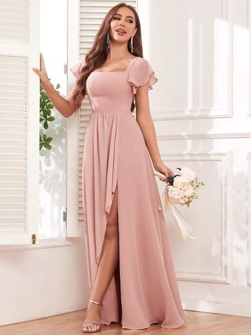 Square Neck Bridesmaid Dresses for Women Ruffle Sleeves 2024 Chiffon A Line Wedding Formal Party Dress with Slit Blush Pink in Saudi Arabia