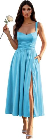 ZHengquan Satin Tea Length Bridesmaid Dresses for Women Spaghetti Straps Wedding Guest Dress with Slit in Kuwait