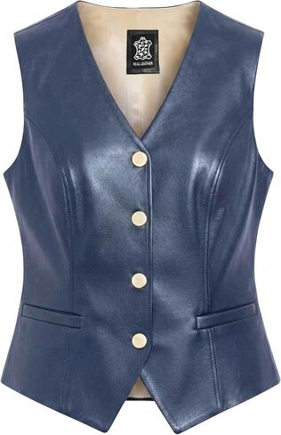 LIVEEVIL Women’s Genuine Lambskin Leather Vest - V-Neck Design Gold Button Leather Waistcoat for Women in Kuwait