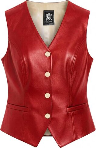 LIVEEVIL Women’s Genuine Lambskin Leather Vest - V-Neck Design Gold Button Leather Waistcoat for Women in Kuwait