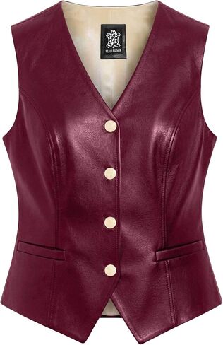 LIVEEVIL Women’s Genuine Lambskin Leather Vest - V-Neck Design Gold Button Leather Waistcoat for Women in Kuwait