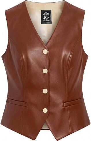 LIVEEVIL Women’s Genuine Lambskin Leather Vest - V-Neck Design Gold Button Leather Waistcoat for Women in Kuwait