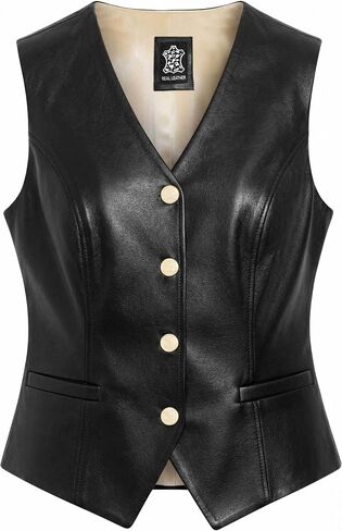 LIVEEVIL Women’s Genuine Lambskin Leather Vest - V-Neck Design Gold Button Leather Waistcoat for Women in Kuwait