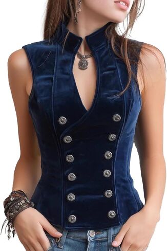 CADMOM Women Vintage Western Vest Distressed V Neck Sleeveless Cowgirl Waistcoat Rodeo Outfit with Metal Buttons in Kuwait