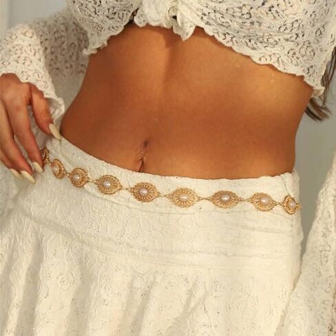 Bohemian Vintage Ethnic Waist Chain for Women, Pearl Decorated Belly Chain, Retro Gold Tone Waist Belt for Beach, Festival & Daily Wear in Kuwait