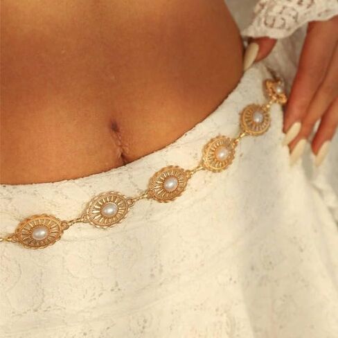 Bohemian Vintage Ethnic Waist Chain for Women, Pearl Decorated Belly Chain, Retro Gold Tone Waist Belt for Beach, Festival & Daily Wear in Kuwait