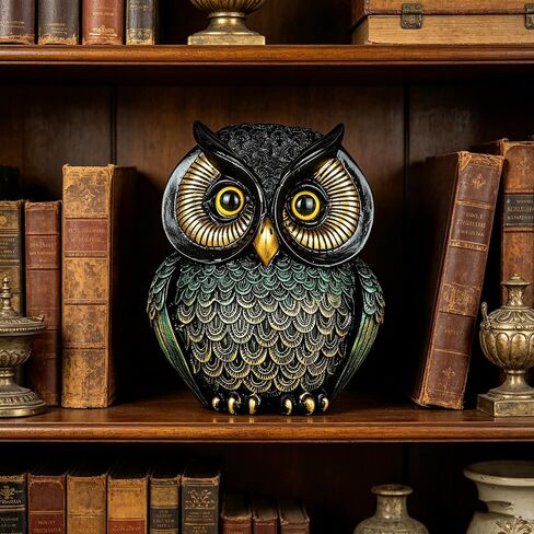 Owl Statue Home Decor, Small Figurines for Shelves, Office, Living Room, Decorative Gift for Owl Lovers (Black Gold) in Kuwait