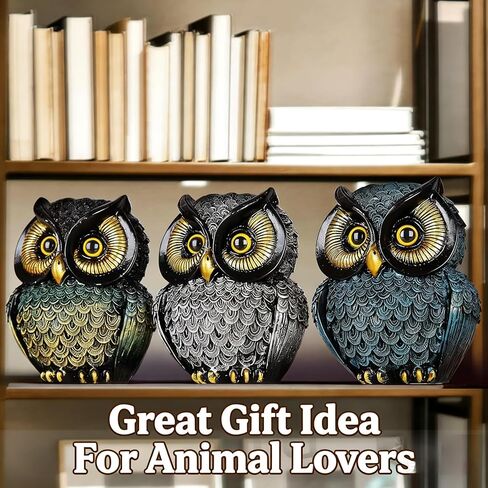 Owl Statue Home Decor, Small Figurines for Shelves, Office, Living Room, Decorative Gift for Owl Lovers (Black Gold) in Kuwait