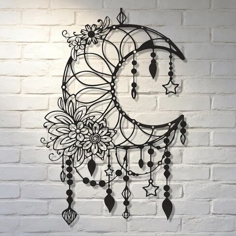 SYDERWE Metal Wall Art, Matte Black Moon Phase Decor, Celestial Bedroom Decor with Floral and Hanging Stars, Indoor & Outdoor in Saudi Arabia