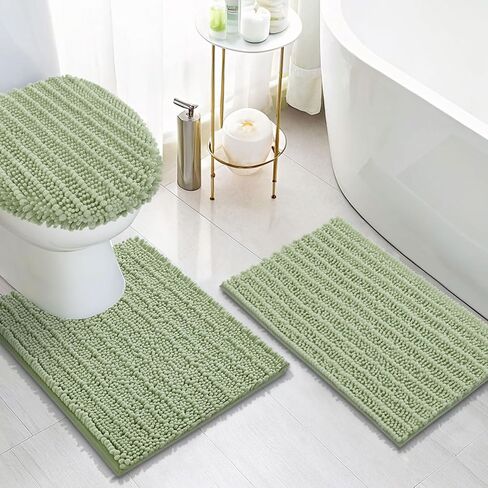 Arotive Luxury Chenille Bathroom Rugs 3 Piece with Toilet Lid Cover, Shaggy Soft and Absorbent Bath Rug, Non-Slip, Machine Washable Bath Mats for Bathroom(24x16+24x20+17.5x15, Sage Green) in Saudi Arabia