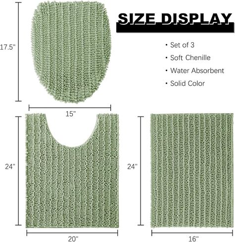 Arotive Luxury Chenille Bathroom Rugs 3 Piece with Toilet Lid Cover, Shaggy Soft and Absorbent Bath Rug, Non-Slip, Machine Washable Bath Mats for Bathroom(24x16+24x20+17.5x15, Sage Green) in Saudi Arabia