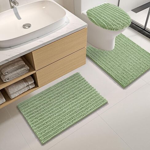 Arotive Luxury Chenille Bathroom Rugs 3 Piece with Toilet Lid Cover, Shaggy Soft and Absorbent Bath Rug, Non-Slip, Machine Washable Bath Mats for Bathroom(24x16+24x20+17.5x15, Sage Green) in Saudi Arabia