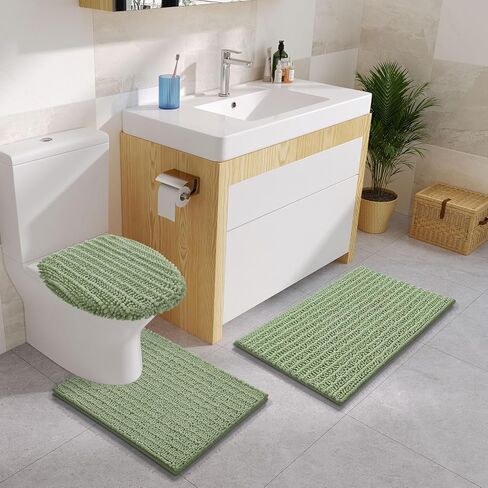 Arotive Luxury Chenille Bathroom Rugs 3 Piece with Toilet Lid Cover, Shaggy Soft and Absorbent Bath Rug, Non-Slip, Machine Washable Bath Mats for Bathroom(24x16+24x20+17.5x15, Sage Green) in Saudi Arabia
