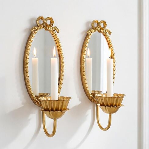 Set of 2 Gold Mirror Wall Sconces Candle Holders, French Vintage Bowknot Oval Mirror Sconce, Elegant Brass Taper Candle Sconces Wall Decor for Living Room, Dining Room, Wedding in Saudi Arabia