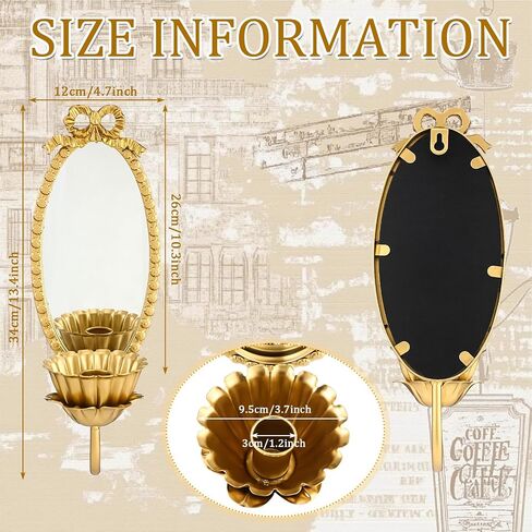 Set of 2 Gold Mirror Wall Sconces Candle Holders, French Vintage Bowknot Oval Mirror Sconce, Elegant Brass Taper Candle Sconces Wall Decor for Living Room, Dining Room, Wedding in Saudi Arabia