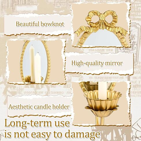 Set of 2 Gold Mirror Wall Sconces Candle Holders, French Vintage Bowknot Oval Mirror Sconce, Elegant Brass Taper Candle Sconces Wall Decor for Living Room, Dining Room, Wedding in Saudi Arabia