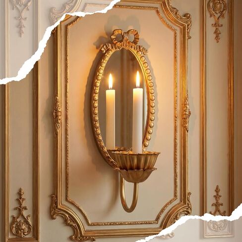 Set of 2 Gold Mirror Wall Sconces Candle Holders, French Vintage Bowknot Oval Mirror Sconce, Elegant Brass Taper Candle Sconces Wall Decor for Living Room, Dining Room, Wedding in Saudi Arabia