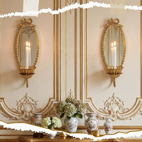 Set of 2 Gold Mirror Wall Sconces Candle Holders, French Vintage Bowknot Oval Mirror Sconce, Elegant Brass Taper Candle Sconces Wall Decor for Living Room, Dining Room, Wedding in Saudi Arabia