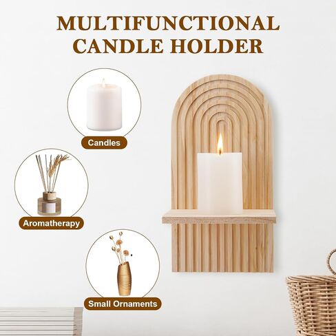 Boho Wall Candle Sconces Set of 2, Modern Rainbow Wall Candle Holders Natural Wooden Hanging Shelves for Fireplace Mantel Living Room Bedroom Dining Room Decor Accessories in Saudi Arabia