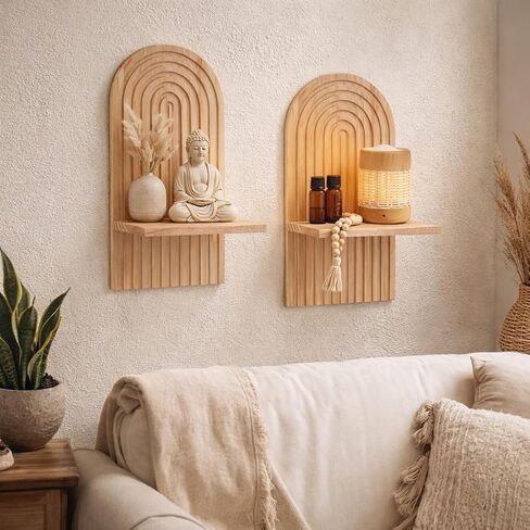 Boho Wall Candle Sconces Set of 2, Modern Rainbow Wall Candle Holders Natural Wooden Hanging Shelves for Fireplace Mantel Living Room Bedroom Dining Room Decor Accessories in Saudi Arabia