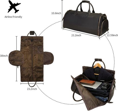 Leather Garment Bag for Travel, Convertible Garment Bag with Shoes Compartment Vintage Full Grain Leather Travel Weekender Overnight Duffel Bag 2 in 1 Hanging Suitcase Suit Travel Bags for Men in Kuwait