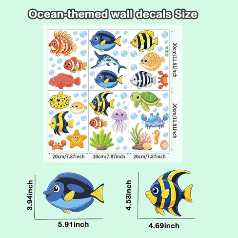 Ocean Wall Decals 6 Sheets Under the Sea Wall Decals Colorful Fish, Turtles, Jellyfish & Marine Animals Stickers, Removable Peel-and-Stick PVC Art for Bathroom, Bedroom, Living Room Summer Decor in Saudi Arabia