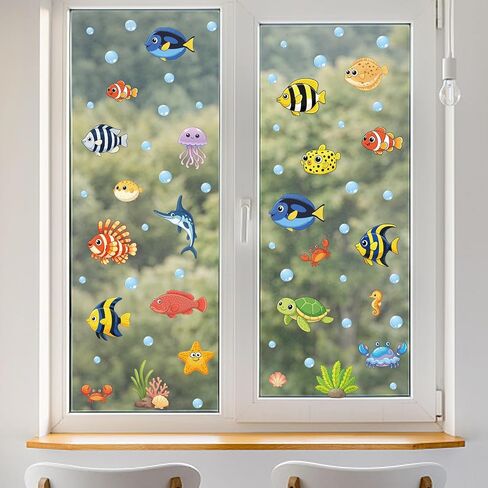 Ocean Wall Decals 6 Sheets Under the Sea Wall Decals Colorful Fish, Turtles, Jellyfish & Marine Animals Stickers, Removable Peel-and-Stick PVC Art for Bathroom, Bedroom, Living Room Summer Decor in Saudi Arabia