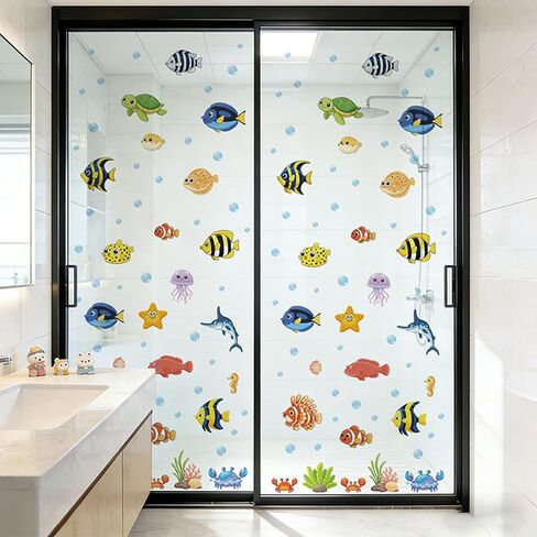 Ocean Wall Decals 6 Sheets Under the Sea Wall Decals Colorful Fish, Turtles, Jellyfish & Marine Animals Stickers, Removable Peel-and-Stick PVC Art for Bathroom, Bedroom, Living Room Summer Decor in Saudi Arabia