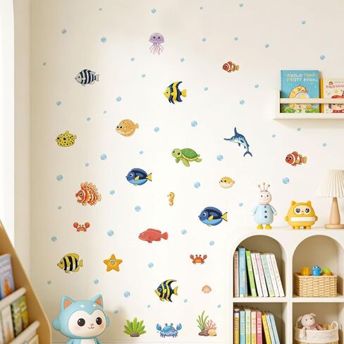 Ocean Wall Decals 6 Sheets Under the Sea Wall Decals Colorful Fish, Turtles, Jellyfish & Marine Animals Stickers, Removable Peel-and-Stick PVC Art for Bathroom, Bedroom, Living Room Summer Decor in Saudi Arabia