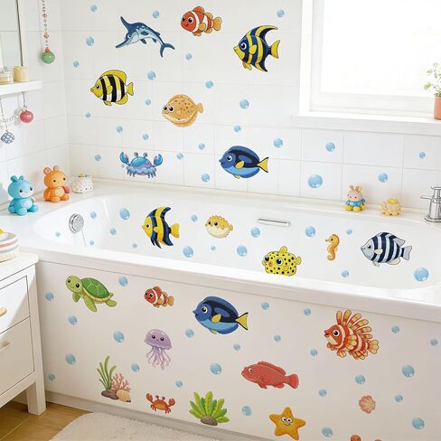 Ocean Wall Decals 6 Sheets Under the Sea Wall Decals Colorful Fish, Turtles, Jellyfish & Marine Animals Stickers, Removable Peel-and-Stick PVC Art for Bathroom, Bedroom, Living Room Summer Decor in Saudi Arabia