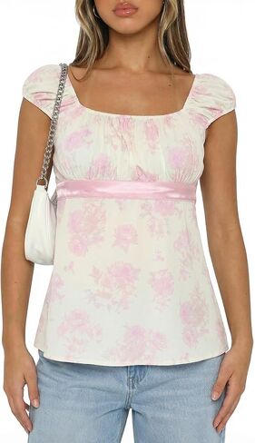 Women's Babydoll Tops Y2k Fairy Baby Doll Tops, Cap Sleeve Polka Dot Top with Adjustable Waist Tie, Flowy Going Out Tops in Saudi Arabia