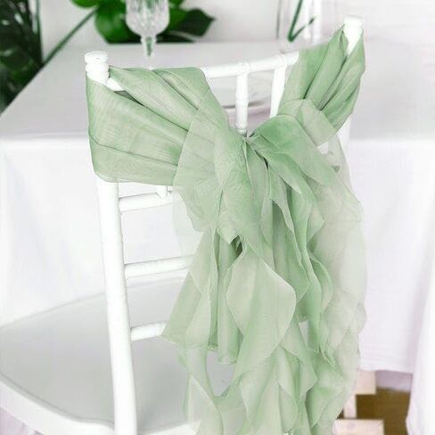 10 Sage Green Curly Chiffon Chair Sashes Bows Ties - Wedding Ceremony Reception Decorations Cheap Supplies Wholesale in Saudi Arabia