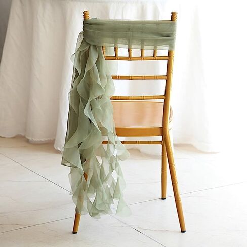 10 Sage Green Curly Chiffon Chair Sashes Bows Ties - Wedding Ceremony Reception Decorations Cheap Supplies Wholesale in Saudi Arabia