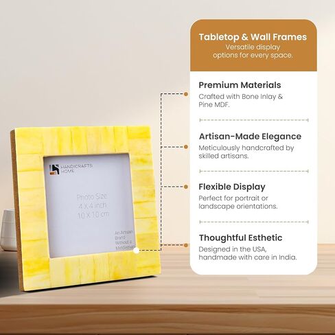 Handicrafts Home Yellow 4x4 Picture Frame for Christmas Decor & Holiday Gifting Handmade Photo Frame, Modern Minimalist Home Decor, Wedding Gift, Vintage Bone inlay Frames for Aesthetic & Living Room in Kuwait