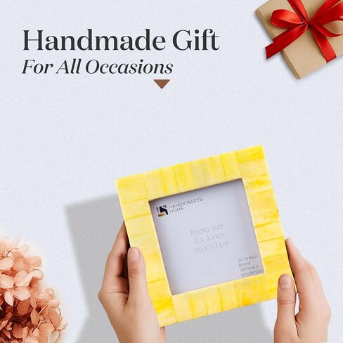 Handicrafts Home Yellow 4x4 Picture Frame for Christmas Decor & Holiday Gifting Handmade Photo Frame, Modern Minimalist Home Decor, Wedding Gift, Vintage Bone inlay Frames for Aesthetic & Living Room in Kuwait