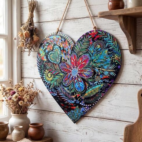 Gerrii Colorful Metal Heart Wall Decor, Floral Boho Heart Wall Art with Hanging Rope for Front Porch Bedroom Indoor Outdoor Decoration in Kuwait
