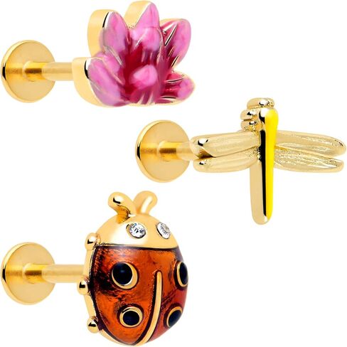 Body Candy 16G Womens 316L Stainless Steel 3Pc Ladybug Lotus Mens Labret Monroe Lip Ring Cartilage Tragus 5/16" in Kuwait