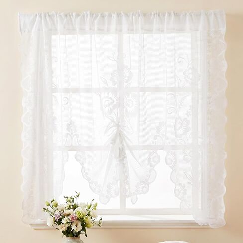 Larrel Beige Semi-Sheer Floral Lace Curtain, Hollow Knitted Valances for Windows, Short Embroidery Window Valances for Kitchen, Half Window, Bathroom, Bedroom, Living Room and Cafe Decoration in Saudi Arabia