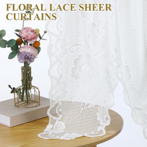 Larrel Beige Semi-Sheer Floral Lace Curtain, Hollow Knitted Valances for Windows, Short Embroidery Window Valances for Kitchen, Half Window, Bathroom, Bedroom, Living Room and Cafe Decoration in Saudi Arabia