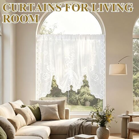 Larrel Beige Semi-Sheer Floral Lace Curtain, Hollow Knitted Valances for Windows, Short Embroidery Window Valances for Kitchen, Half Window, Bathroom, Bedroom, Living Room and Cafe Decoration in Saudi Arabia