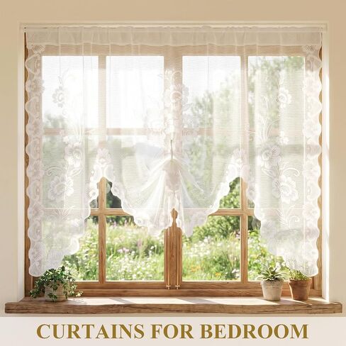 Larrel Beige Semi-Sheer Floral Lace Curtain, Hollow Knitted Valances for Windows, Short Embroidery Window Valances for Kitchen, Half Window, Bathroom, Bedroom, Living Room and Cafe Decoration in Saudi Arabia