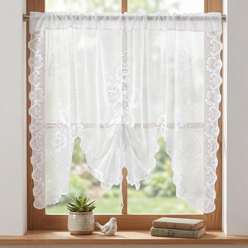 Larrel Beige Semi-Sheer Floral Lace Curtain, Hollow Knitted Valances for Windows, Short Embroidery Window Valances for Kitchen, Half Window, Bathroom, Bedroom, Living Room and Cafe Decoration in Saudi Arabia