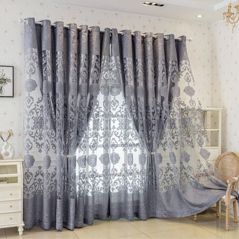 Amidoudou 1 Pair Luxury Double Layered European High-Blackout Curtains Embroidered Curtains for Living Room Bedroom Balcony (Gray,58x84 Inch) in Kuwait