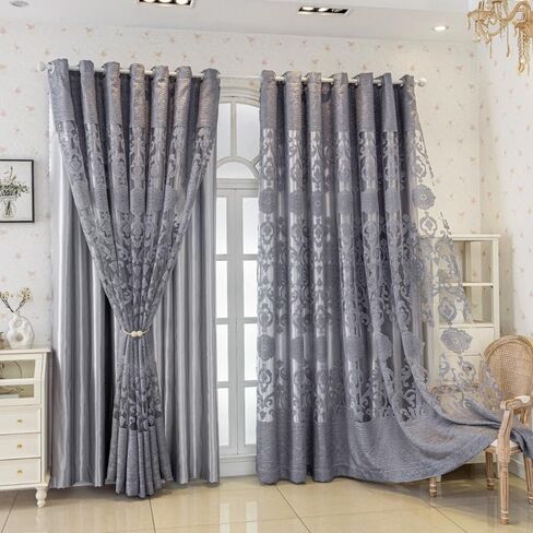 Amidoudou 1 Pair Luxury Double Layered European High-Blackout Curtains Embroidered Curtains for Living Room Bedroom Balcony (Gray,58x84 Inch) in Kuwait