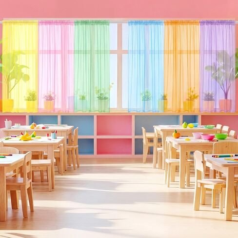 Tranqun 6 Pcs School Classroom Curtains Candy Color Pastel Sheer Window Panel Colorful Tulle Curtains 30" w x 54" L Translucent Bright Drapes for Kindergarten Daycare Primary School Playroom Decor in Saudi Arabia